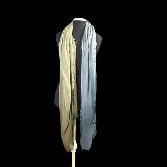 Scarf Ombré Blue Green Long Warm Soft Cotton Raw Edge - Picture 6 of 7